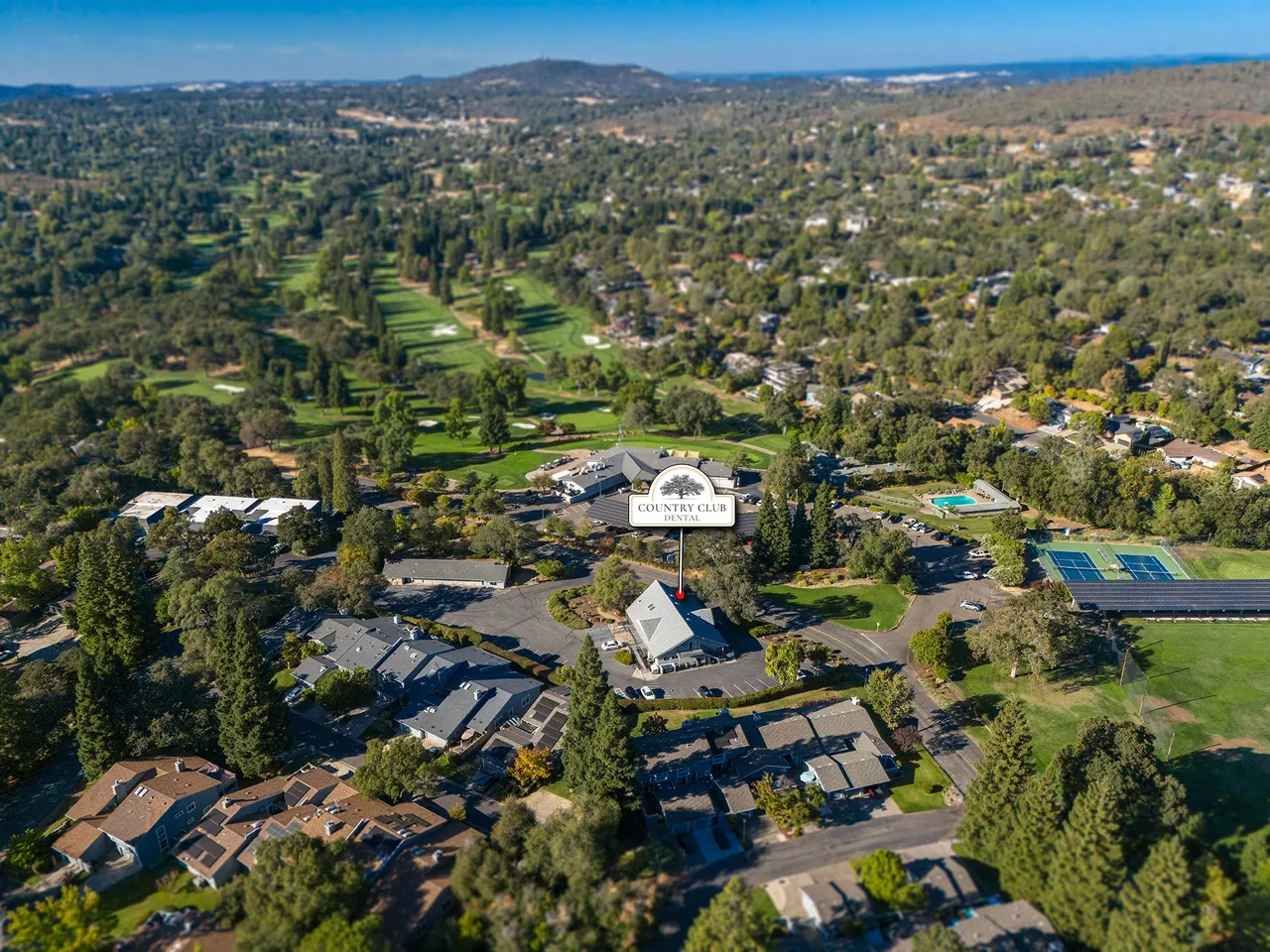 Aerial view of Country Club Dental surroundings in Cameron Park