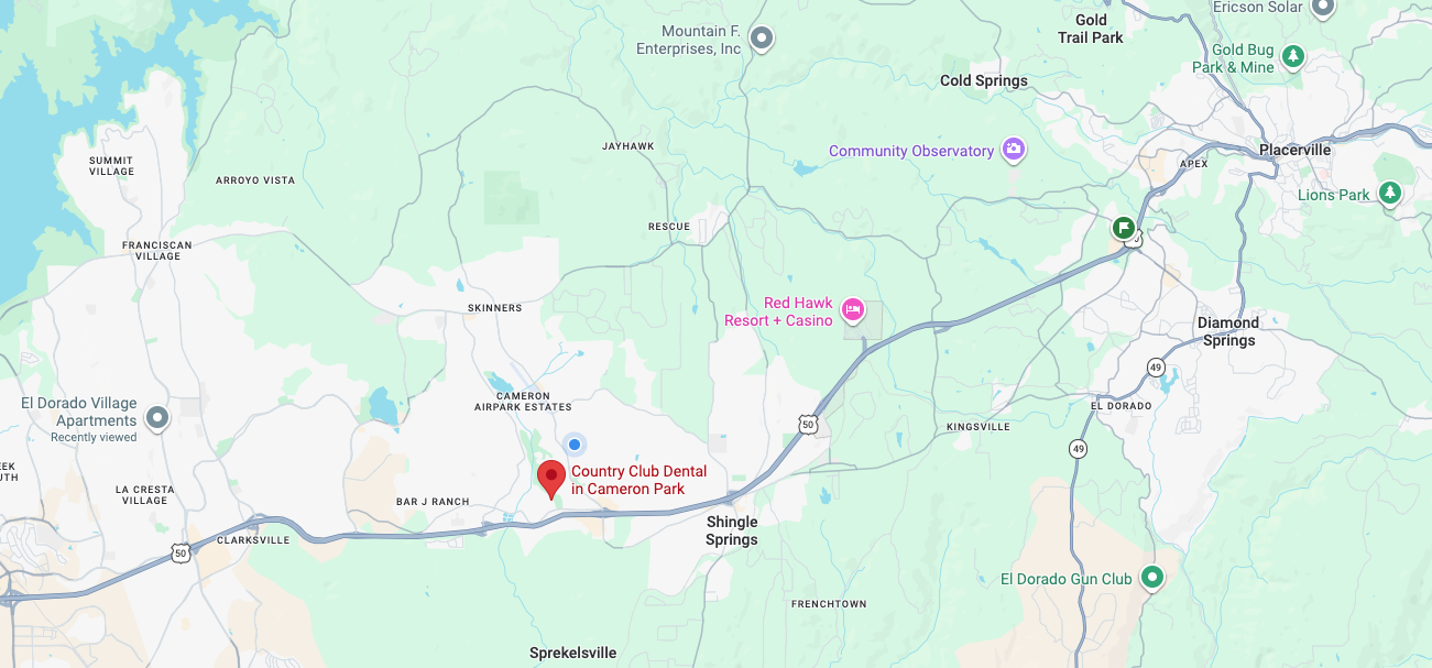 Map showing Cameron Park and surrounding areas served by Country Club Dental